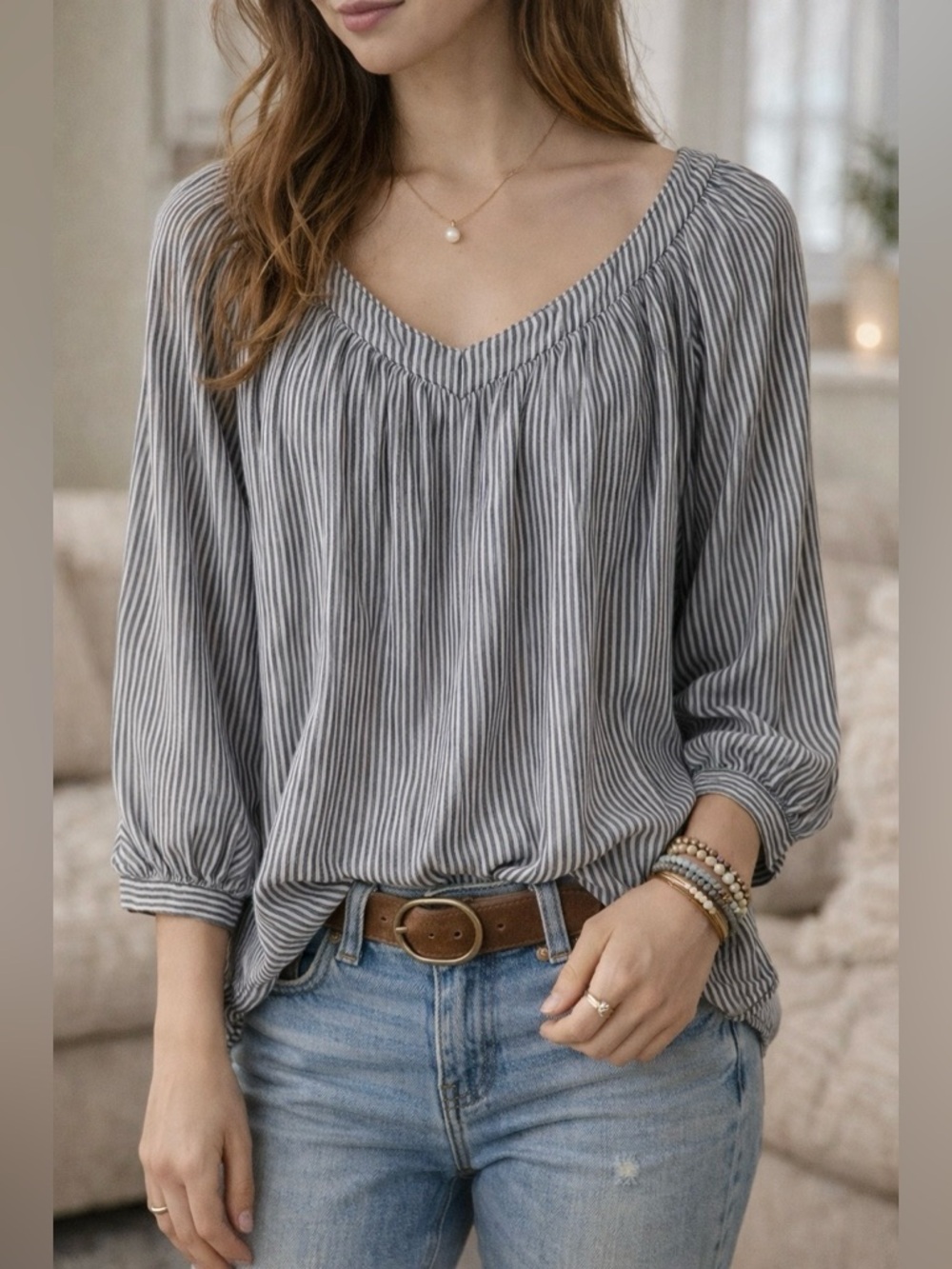 St. John’s Bay Navy Blue White Stripe Peasant Blouse – Size L